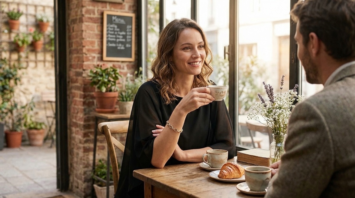 以图中的黑色宽松蝙蝠袖双层雪纺连衣裙为元素，保持裙子主体特征不变，欧美女性日常咖啡馆约会的穿搭展示，画面温柔有氛围感，风格真实自然预览效果