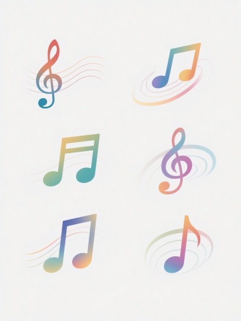 白色背景上，六个造型完全不同的音乐符号系列素材集合规整排布，每个素材均保持原有的飘逸线条、渐变色彩过渡和轻盈灵动的设计风格，但整体色彩各不相同，包含高音谱号、低音谱号、八分音符、十六分音符、升号等核心音乐元素，元素之间通过流畅曲线自然连接，整体呈现出和谐统一的视觉美感与音乐韵律感，适合作为音乐主题的装饰或设计素材。预览效果