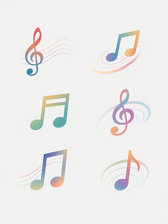 白色背景上，六个造型完全不同的音乐符号系列素材集合规整排布，每个素材均保持原有的飘逸线条、渐变色彩过渡和轻盈灵动的设计风格，但整体色彩各不相同，包含高音谱号、低音谱号、八分音符、十六分音符、升号等核心音乐元素，元素之间通过流畅曲线自然连接，整体呈现出和谐统一的视觉美感与音乐韵律感，适合作为音乐主题的装饰或设计素材。