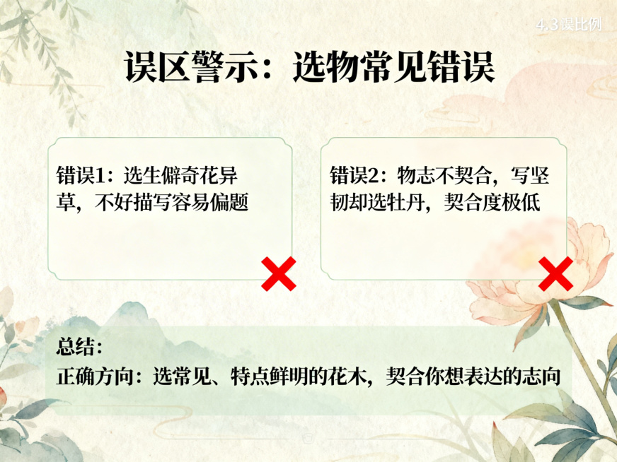 PPT内容页，标题：误区警示：选物常见错误，左侧：错误1：选生僻奇花异草，不好描写容易偏题，标注红色叉号；右侧：错误2：物志不契合，写坚韧却选牡丹，契合度极低，标注红色叉号，底部总结正确方向：选常见、预览效果
