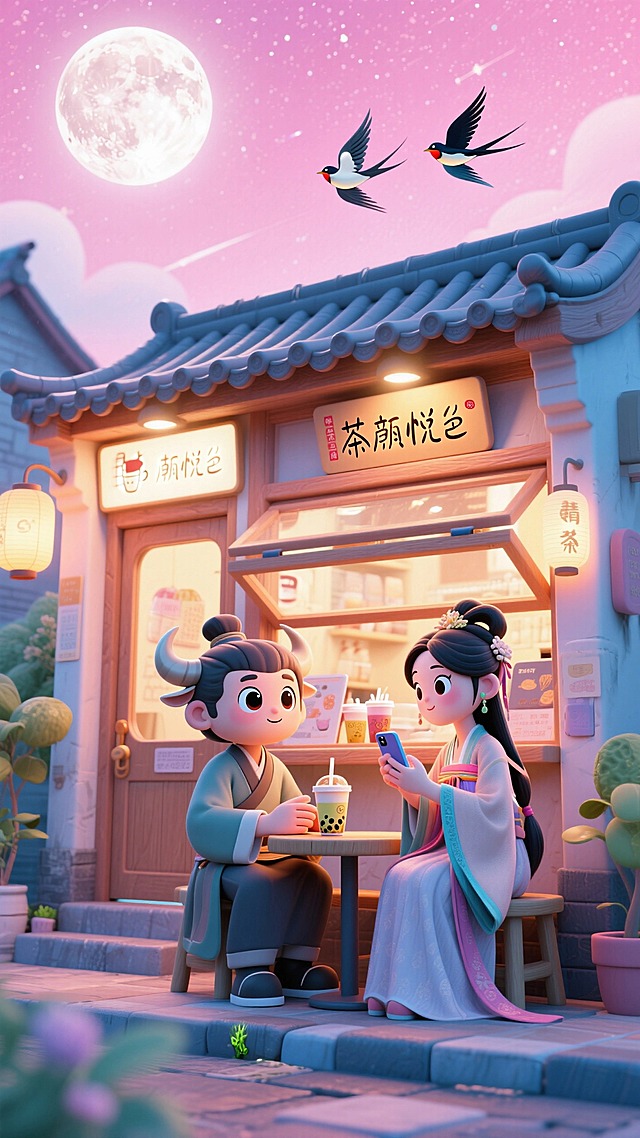 奶茶店门口，牛郎和织女在喝奶茶刷手机，人物古装扮相大眼睛，浪漫感浅粉色星空，月亮悬挂空中，远处两只喜鹊飞过