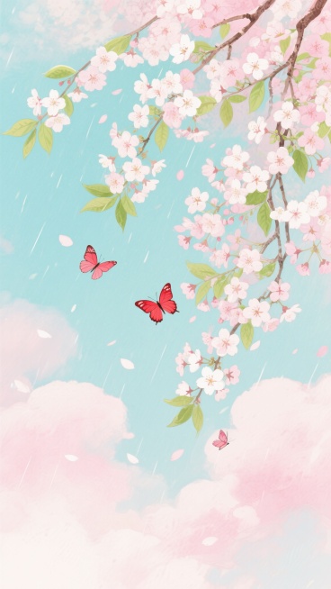 一幅充满春日气息的水彩风格插画，以淡青色为背景，点缀着柔和的粉色云彩。画面中，大量粉白色和浅粉色的樱花枝条从顶部垂下，花朵饱满绽放，绿色的叶子穿插其间。几只色彩鲜艳的红色蝴蝶在花丛中飞舞，花瓣如雨般轻轻飘落。整体色调清新柔和，光影朦胧，营造出浪漫、梦幻、宁静的氛围。预览效果