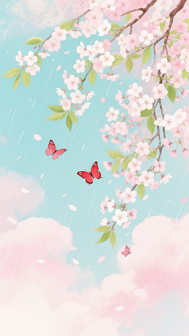 一幅充满春日气息的水彩风格插画，以淡青色为背景，点缀着柔和的粉色云彩。画面中，大量粉白色和浅粉色的樱花枝条从顶部垂下，花朵饱满绽放，绿色的叶子穿插其间。几只色彩鲜艳的红色蝴蝶在花丛中飞舞，花瓣如雨般轻轻飘落。整体色调清新柔和，光影朦胧，营造出浪漫、梦幻、宁静的氛围。