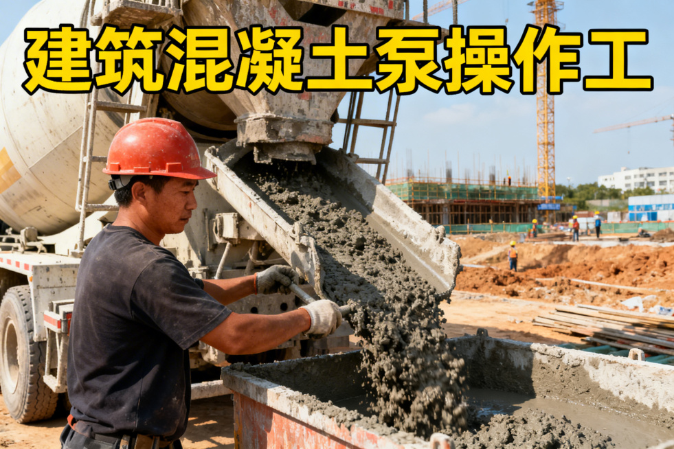建筑混凝土泵操作工封面，画面呈现操作工操作混凝土泵设备，背景为工地，上方有"建筑混凝土泵操作工"醒目文字，风格专业写实，无水印预览效果