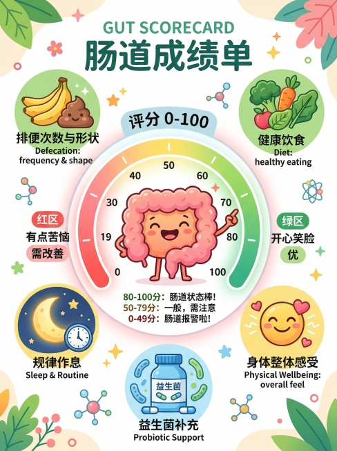 信息图风格插图，展示“肠道成绩单”概念，画面中央是一个圆形的评分表盘，刻度从0到100。表盘中央是一个可爱的肠道卡通形象，在80-100分区域是开心笑脸，50-79分区域是平静表情，0-49分区域是有预览效果