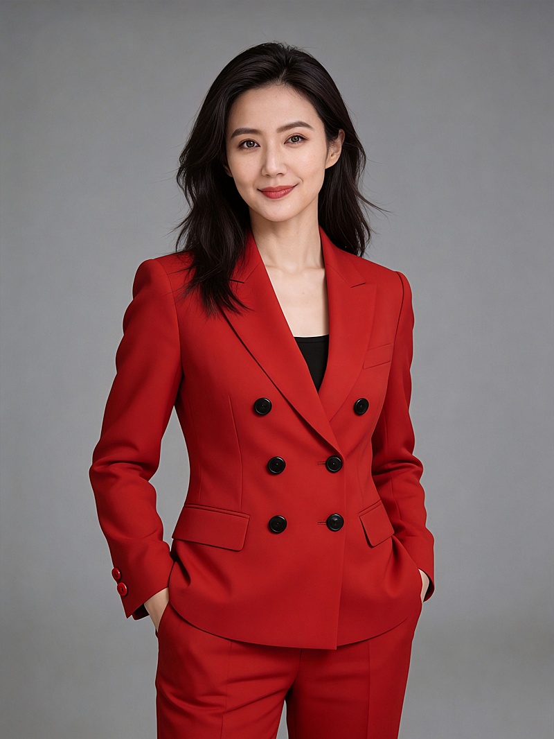 正红色西装套装专业女性职场形象照