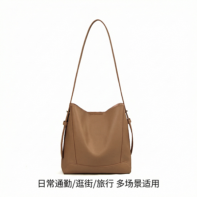 [主图 5] 产品正面白底展示图，麦棕色真皮单肩水桶包
[氛围风格] 干净标准商品展示
[画面元素] 商业摄影质感、光线柔和均匀、产品清晰真实、画面干净高级。包包正面放置在纯白背景上，完整展示产品轮廓和整体外观，包包外观和产品图一致，光线均匀柔和，突出产品细节和软皮革质感
[配色色系] 主体麦棕色，背景纯白色，对比清晰
[视角构图] 正面平视，产品居中，完整展示不切割
[文字版式] 底部文字 "日常通勤/逛街/旅行 多场景适用"，字体清晰，不遮挡产品
[比例分辨率] 1:1 比例，2k 分辨率，文字清晰可辨，超高清
[负向提示词] 变形，水印，文字错乱，产品图模糊，背景杂乱，遮挡主体，阴影不均匀