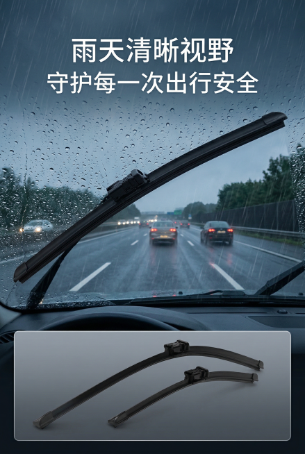 2:3竖版，严格还原上传雨刮器产品的整体外观、颜色和结构细节，保持产品原有尺寸比例。主标题：「雨天清晰视野」，副标题：「守护每一次出行安全」。信息布局：全屏展示雨天行车场景，前挡风玻璃上雨刮正在刮拭，预览效果