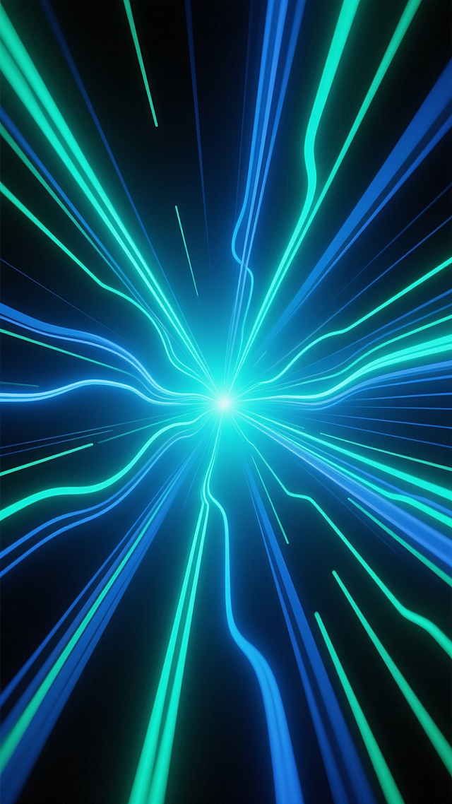 一张以速度线为核心主题的抽象背景图，画面采用从中心向外辐射的动态线条构图，线条呈现出锐利、流畅且富有张力的形态，仿佛正以极高速度向四周延展。整体色调变换为深邃的暗蓝色与明亮的青绿色渐变，中心为耀眼的青绿色光点，光线向外逐渐过渡为深蓝，线条边缘带有微妙的霓虹光晕效果，增强科技感与未来感。线条样式在保持放射状结构的基础上，粗细有别，部分线条带有轻微的波浪扭曲，打破绝对对称，增加动感与层次。背景为纯黑色，使彩色线条的光芒更加突出，整体营造出高速运动、能量爆发的视觉冲击力和强烈的空间纵深感。