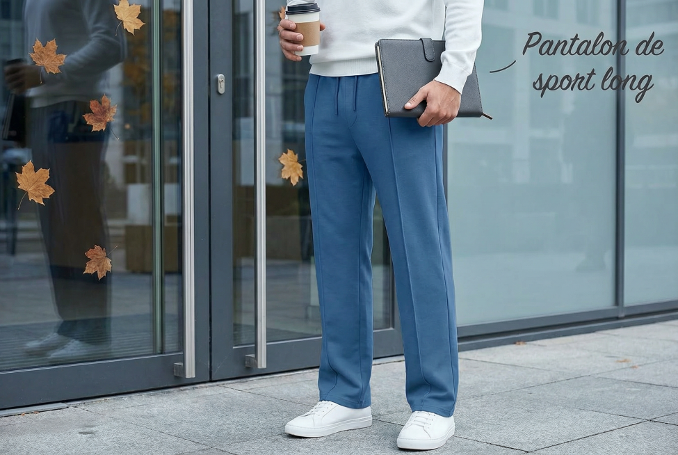 利落型法国男士站在巴黎通勤咖啡馆门口，身着Pantalon de sport long，pli à armatures的细节与通勤笔记本、咖啡杯呼应；背景是写字楼玻璃门+落叶装饰，色调冷调利落。文字（预览效果