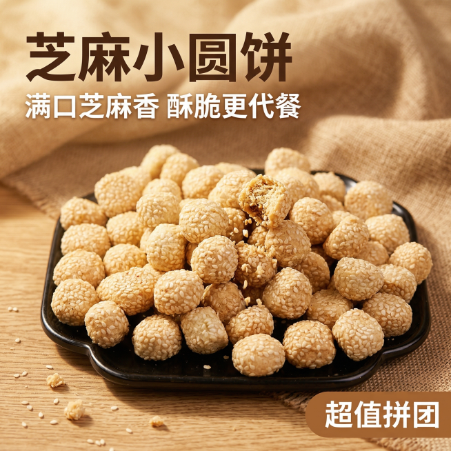 [主图 1 首图]
[主图主题] 芝麻小圆饼点击率首图
[氛围/风格] 暖色调食欲感风格，自然暖阳逆光，温馨居家氛围，酥脆掉渣质感
[画面元素] 芝麻小圆饼堆放在黑色异形瓷盘里，放置在浅棕色木质餐桌，预览效果