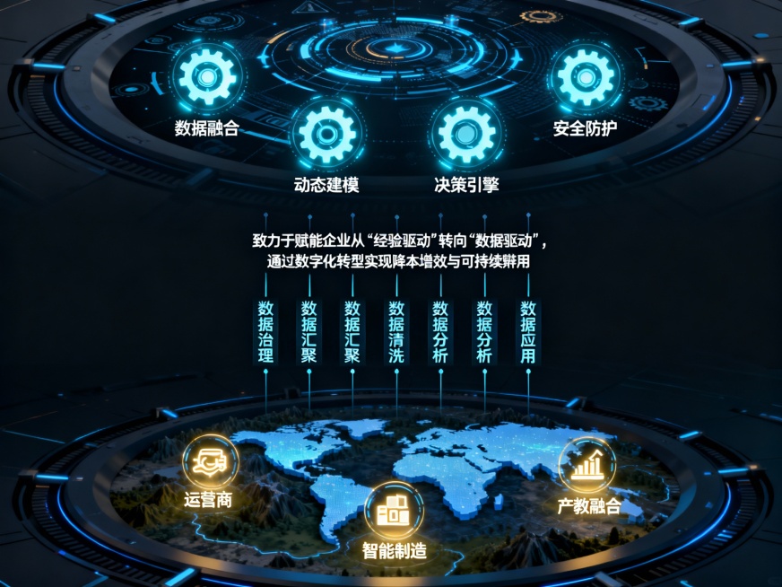 下面的轮盘内置3D地图，上面的轮盘内置科研图，中间部分增加文字致力于赋能企业从“经验驱动”转向“数据驱动”，通过数字化转型实现降本增效与可持续增长。预览效果