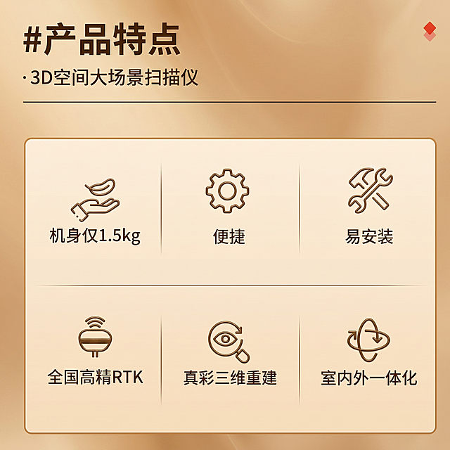 [主图-5] 千寻星光H7三维激光扫描仪产品特点与核心优势总结。
[氛围风格] 信息总结页，清晰展示六大核心优势，专业易读；
[画质] 商业设计质感，图标清晰，文字锐利，整体干净高级。
[元素] 顶部大标题区域，下方六宫格图标加文字排版，每个优势占据一格，整齐排列，整体满版构图，保持和前四张主图一致的风格色调。
[光影] 暖浅棕色渐变背景，均匀柔光，每个图标卡片清晰不灰暗，文字对比清晰。
[配色] 背景暖米色，文字深棕色，图标线条深棕色，整体暖调，和整套主图风格统一协调。
[视角构图] 上下结构，标题在上，六宫格优势区在下，1:1满版无边框排版，均衡工整。
[文字版式] 顶部大标题 "#产品特点
3D空间大场景扫描仪"，深棕色粗体；下方六个圆角卡片分成两排三列，分别是：
第一排：机身仅1.5kg、便捷、易安装；
第二排：全国高精RTK、真彩三维重建、室内外一体化；
每个卡片带简约图标加深棕色文字，清晰易读，大小对比层次分明。
[比例分辨率] 1:1 比例，2k 分辨率；文字清晰锐利，画面超高清。
[负向提示词] 变形，水印，文字错乱，产品图模糊，背景杂乱