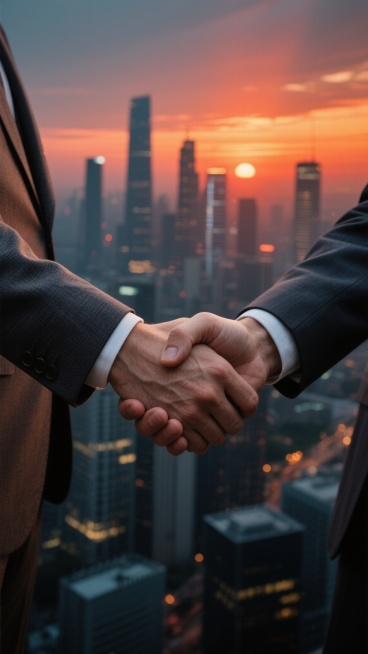 超写实摄影风格商业概念图，画面核心是两组造型各异的西装手有力相握特写，清晰呈现皮肤纹理与西装袖口细节，背景双重曝光融合日落城市天际线与夜景都市景观，暖橙红夕阳与冷调城市灯光对比，光影柔和、细节丰沛，具电影级视觉质感与深度，无文字、logo、水印预览效果