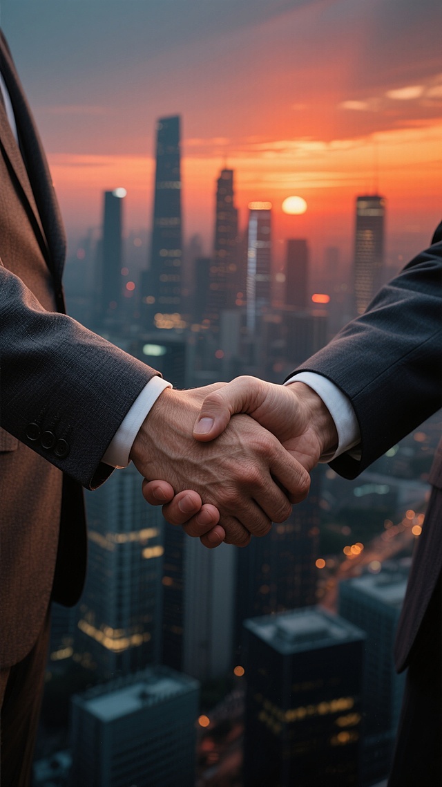 超写实摄影风格商业概念图，画面核心是两组造型各异的西装手有力相握特写，清晰呈现皮肤纹理与西装袖口细节，背景双重曝光融合日落城市天际线与夜景都市景观，暖橙红夕阳与冷调城市灯光对比，光影柔和、细节丰沛，具电影级视觉质感与深度，无文字、logo、水印
