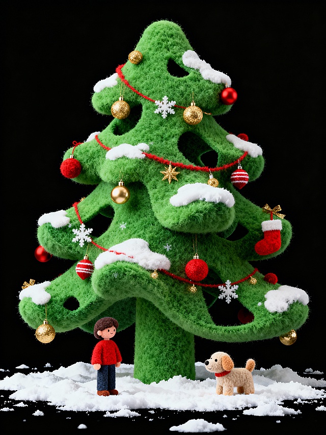 主体是毛绒圣诞树，地上有雪，有个小人和毛绒小狗站在圣诞旁边