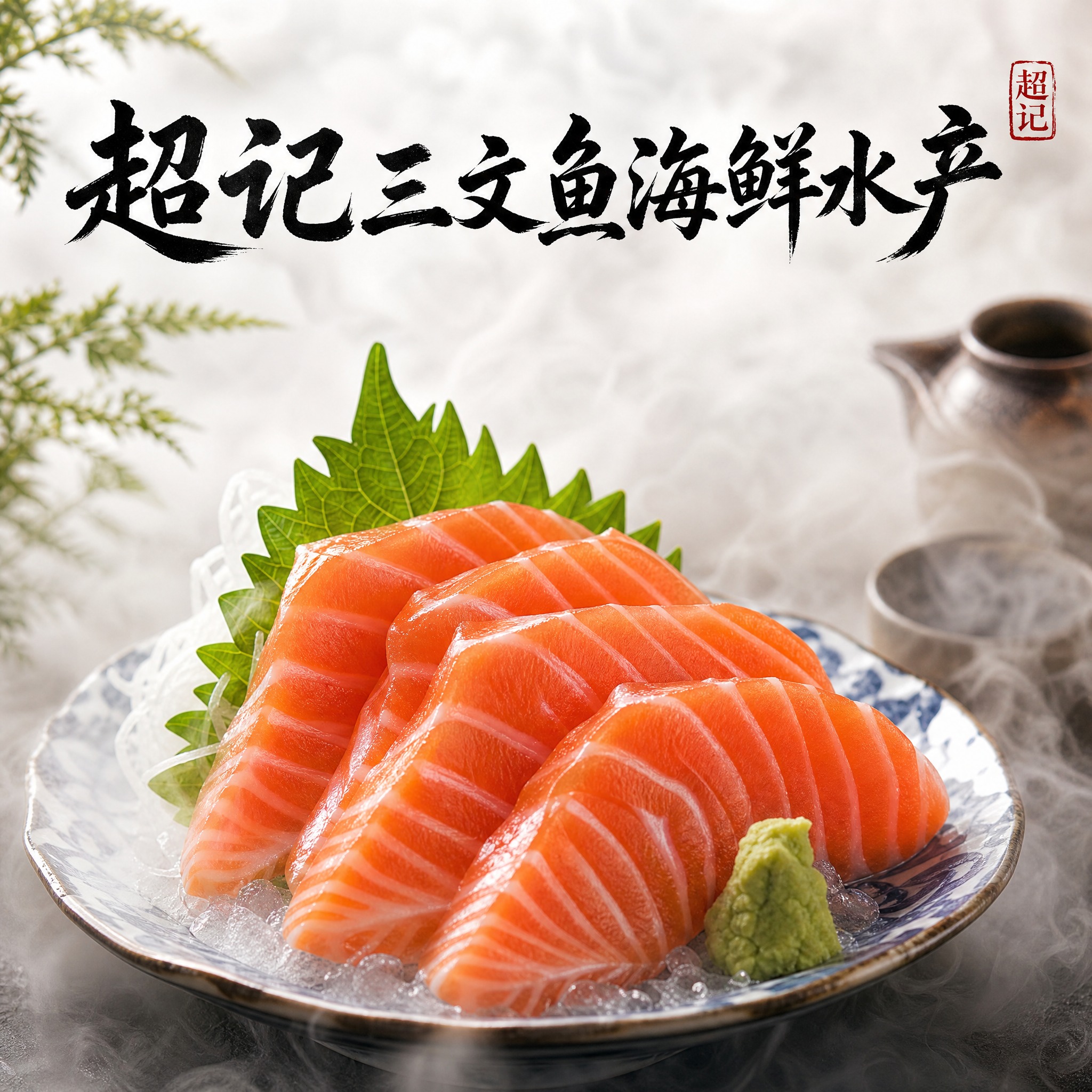 超写实摄影风格的三文鱼刺身头像设计，画面中央是新鲜厚切的三文鱼… - 图片创意预览