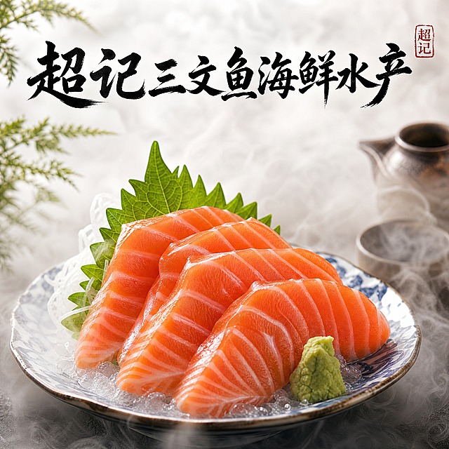 超写实摄影风格的三文鱼刺身头像设计，画面中央是新鲜厚切的三文鱼刺身，橙红色鱼肉带有清晰的白色脂肪纹理，摆放在精致的日式瓷盘上，旁边点缀少许山葵和紫苏叶，冰雾缭绕，质感鲜嫩诱人，顶部有书法字体店名"超记三文鱼海鲜水产"，整体画面干净高级，无圆形边框，正方形构图，美食摄影大片质感，柔和自然光，高细节