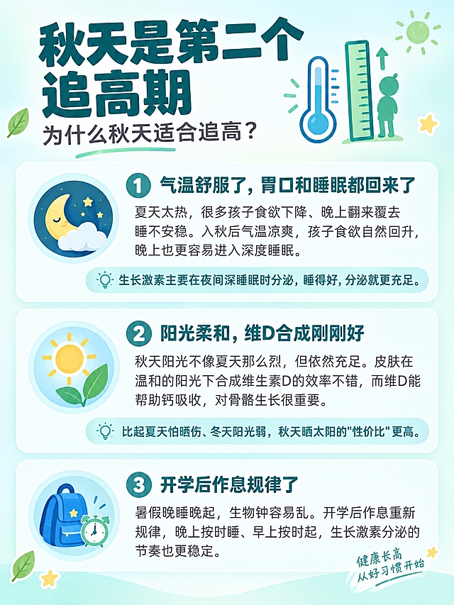 小红书儿童成长科普信息图，清新蓝绿/薄荷绿色系（禁止黄色、橙色），简洁杂志风，扁平插画，版式精美，小红书笔记封面质感，信息层级清晰，适合信息流点击。画面竖版 3:4。

【顶部区 - 主标题】主标题逐字锁定：「秋天是第二个追高期」，超大粗黑体深蓝绿色，占画面顶部约 15%。副标题：「为什么秋天适合追高？」，深灰小字在主标题下方。主标题旁配一个🌡️温度计+身高尺📏小插画。

【主体区 - 3个追高理由纵向排列】每个理由用浅蓝绿圆角卡片，卡片内左侧圆形图标，右侧标题+解释文字：

第1张卡片：图标=月亮+云朵（睡眠），标题「气温舒服了，胃口和睡眠都回来了」深蓝绿粗体。小字：夏天太热，很多孩子食欲下降、晚上翻来覆去睡不安稳。入秋后气温凉爽，孩子食欲自然回升，晚上也更容易进入深度睡眠。
下方重点小字（浅蓝底）：生长激素主要在夜间深睡眠时分泌，睡得好，分泌就更充足。

第2张卡片：图标=阳光+绿叶（维生素D），标题「阳光柔和，维D合成刚刚好」深蓝绿粗体。小字：秋天阳光不像夏天那么烈，但依然充足。皮肤在温和的阳光下合成维生素D的效率不错，而维D能帮助钙吸收，对骨骼生长很重要。
下方重点小字（浅蓝底）：比起夏天怕晒伤、冬天阳光弱，秋天晒太阳的"性价比"更高。

第3张卡片：图标=书包+闹钟（作息），标题「开学后作息规律了」深蓝绿粗体。小字：暑假晚睡晚起，生物钟容易乱。开学后作息重新规律，晚上按时睡、早上按时起，生长激素分泌的节奏也更稳定。

背景：浅蓝绿白渐变+柔和弥散，干净清爽。文字：主标题深蓝绿粗黑体，卡片标题深蓝绿粗体，正文深灰常规体。装饰：角落点缀小落叶、小太阳、小星星手绘贴纸 2~3 个，位置克制不抢内容。整体氛围：儿童成长、干货实用、清爽有活力、清晰好读。画质：高清细腻，所有文字完整处于安全区内不可裁切，四周留安全边距，文字与背景对比度足够。画面比例 3:4。