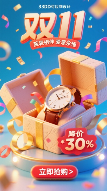 充满活力的双11销售海报构图。一枚优雅的手表放在打开的奢华礼盒中，周围是漂浮的彩带和金色丝带。电商风格，明亮欢快的灯光。“双11”Logo巨大且具有庆典感，位于顶部。主标题“腕表相伴 爱意永恒”采用粗预览效果