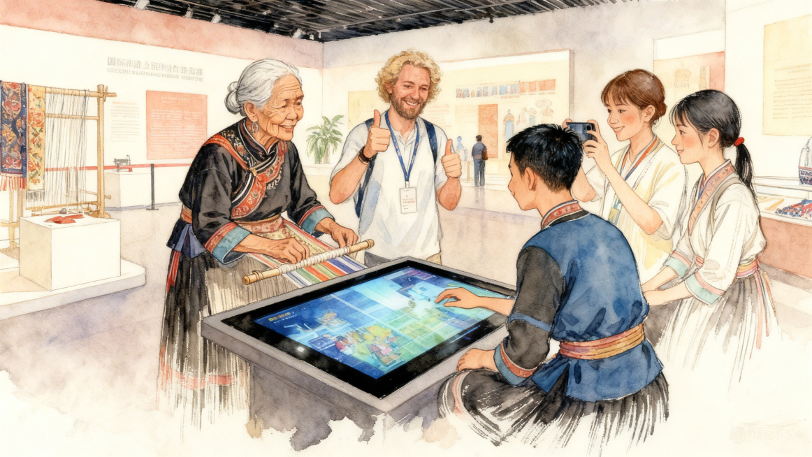 国际非遗展厅，观众触摸电子屏体验虚拟织造，外国友人点赞拍照，保持和参考图一致的手绘水彩风格预览效果