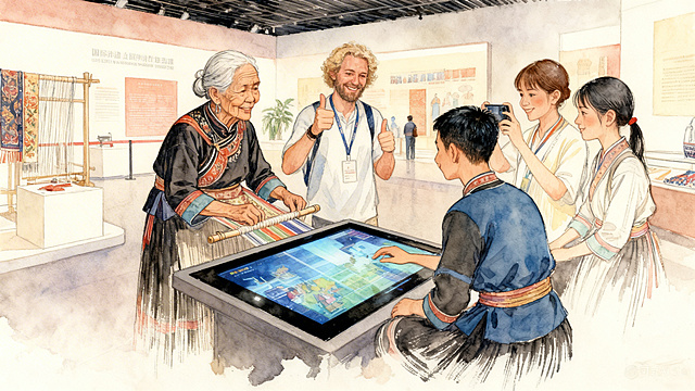 国际非遗展厅，观众触摸电子屏体验虚拟织造，外国友人点赞拍照，保持和参考图一致的手绘水彩风格