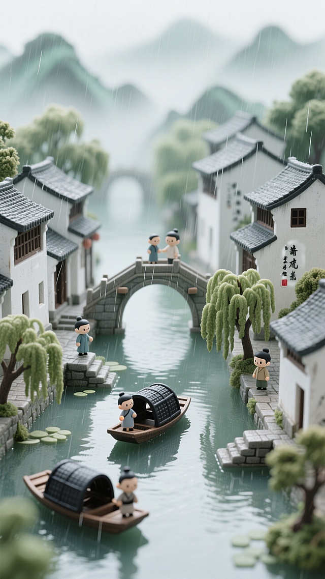 几个微缩小人，江南水乡，细雨朦胧，白墙黛瓦，石拱桥，乌篷船，垂柳依依，薄雾缭绕，水墨淡彩，留白意境，青绿山水，宋代院体画风格
