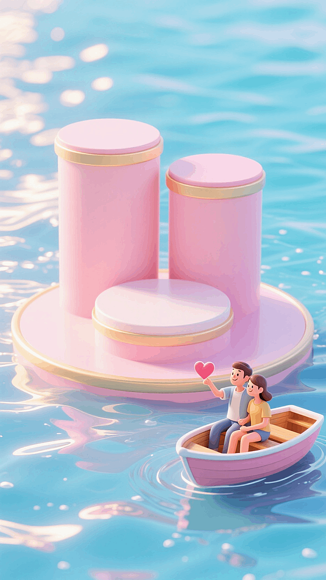 两高一低的三个圆形展台组合，周边充满海水，波光粼粼，（画面右下角的水面有一艘小船，船上坐着一对情侣，发射出爱心信号）。3D卡通风格，微观场景，淡粉色调的场景和背景