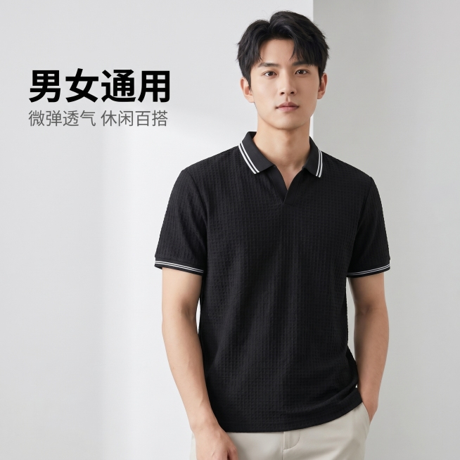[主图 1] 新款男士翻领纯色短袖polo衫穿搭首图
[氛围风格] 高级松弛感日常休闲风，商业服装摄影
[画质] 商业摄影质感、光线柔和通透、产品清晰真实、画面干净高级
[元素] 年轻亚洲男模特穿着黑预览效果