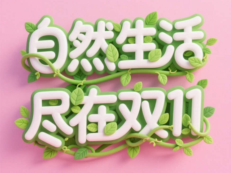 字体设计“自然生活 尽在双11 ”，多层字体设计，第一层是白色，第二层是绿色。卡通可爱的藤蔓字体，植物缠绕， 叶片花纹字形，字形生动，自由，活泼，简约。粉色背景。高饱和色调。预览效果