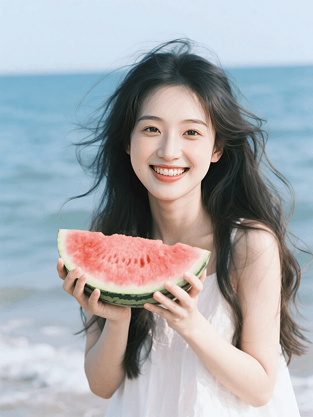 美少女，夏天，海边，微风，长发，白色穿搭，捧着西瓜，开心，突出头发凌乱美，富士胶卷相片，大颗粒感，冷调