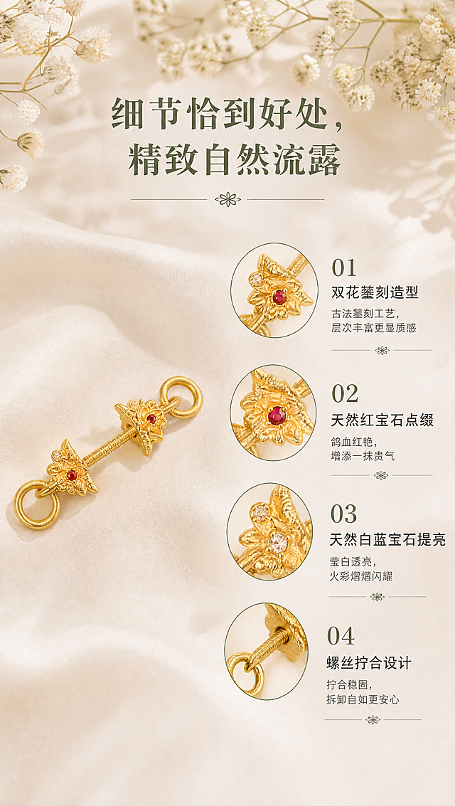 [商品] 使用【图2】单只古法足金双花螺丝扣45°斜视图；100%保留双花头造型、花瓣形状与层数、螺丝杆结构、两端圆环形状与大小、天然红宝石与白蓝宝石的位置和数量、古法金砂面磨砂肌理、足金黄铜原色（完全参照参考图3的黄金颜色）、产品比例、厚度、孔径；禁止改结构、变形、重绘、发白过曝，宝石火彩自然真实，古法金磨砂纹理清晰还原。
[画面] 页面目标：产品细节列表页，逐一展示四大细节；构图：顶部居中大标题+四叶小花分隔；下方左图右文，左侧产品大图占50%（单只螺丝扣自然摆放在米白色丝绸上），右侧4个圆形放大细节+编号竖排；每个圆形放大图配标题+说明文字，底部有四叶小花装饰；背景顶部点缀白色满天星干花，丝绸铺底，底色与参考图1完全一致；阅读动线：顶部标题→左侧产品→右侧4个细节点。
[视觉] 套系策略：风格=法式复古轻奢珠宝风（背景底色与参考图1、2完全相同）；标题字=宋体衬线粗体；正文字=黑体无衬线常规体；主色=米白暖调#F5F0E8（与参考图1底色完全一致）；背景延展=米白到浅米黄的柔和渐变，米白色丝绸自然褶皱铺底，顶部白色满天星干花点缀，整体暖调柔焦；强调色=橄榄绿#7A8B6F；标题色=深橄榄绿#5A6B4F；正文色=深棕灰#6B6358；组件=细线分隔+四叶小花装饰+圆形放大框+编号；光影=左上方45°柔暖自然光，产品在丝绸上投下柔和阴影，黄金磨砂肌理与参考图3完全一致。
[文字] 顶部居中：大标题两行"细节恰到好处，""精致自然流露"（粗宋大号），下方细线+四叶小花+细线分隔；右侧竖排4个细节：01双花錾刻造型/古法錾刻工艺，层次丰富更显质感；02天然红宝石点缀/鸽血红艳，增添一抹贵气；03天然白蓝宝石提亮/莹白透亮，火彩熠熠闪耀；04螺丝拧合设计/拧合稳固，拆卸自如更安心；每个细节配圆形放大图+编号+四叶小花底部分隔；所有文字横排，不遮挡产品主体。
[规格] 图片宽度850px，高度约1500px（竖版），分辨率4K；负向提示：避免产品变形、改结构、重绘花朵造型、发白过曝、死黑阴影、冷蓝背景、文字竖排、文字遮挡产品、宝石颜色偏差、古法金磨砂肌理丢失、拼图感、黄金颜色偏亮偏白。