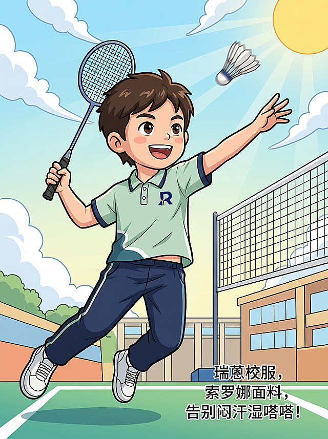 卡通风格，男孩穿着高明区瑞蒽校服打羽毛球，做出杀球动作，校服带有瑞蒽LOGO蓝R领结标志，正品索罗娜面料，告别闷汗湿嗒嗒，文案简洁