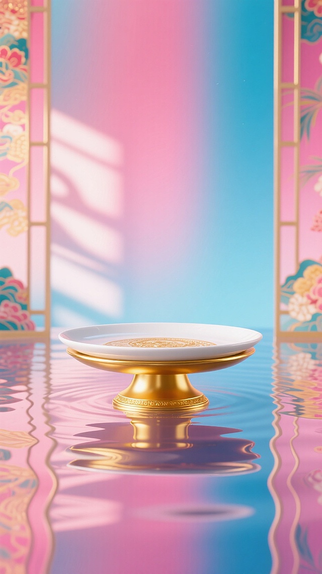 梦幻中式3D风，鎏金盘置于虚拟现实水面，色彩渐变，尽显奢华与浪漫。