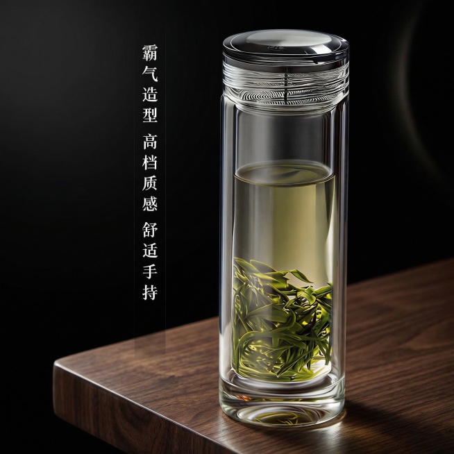 将背景优化为纯暗黑主题，去除多余元素，仅保留极简木质桌面与微弱环境光晕；强化整体高级、大气、优雅、简洁的视觉调性；玻璃杯通透清晰、茶叶鲜活、文字‘霸气造型 高档质感 舒适手持’保持原位与风格；确保主产预览效果