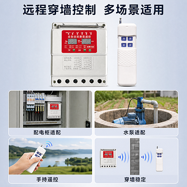 [主图-4] 远程穿墙控制功能展示，适用场景说明
[氛围风格] 实用场景展示，清晰直观
[画质] 商业摄影质感，光线自然通透，产品清晰真实，画面干净
[元素] 上方大标题，下方四宫格展示适用场景，每个场景宫格配简洁说明文字。产品主体放置在画面顶部偏中心位置，保持产品外观结构颜色与原图完全一致。四宫格分别展示：室内控制柜安装、户外水井水泵、远程手持遥控操作、穿墙信号穿透示意。整体构图上下排布，满版结构，信息完整
[光影] 自然均匀布光，每个场景都清晰明亮，细节可辨，整体光影统一
[配色] 浅蓝灰色调背景，产品保持原有白红配色，每个场景配浅底色衬托，文字对比清晰
[视角构图] 上下结构，上部产品展示，下部四宫格场景展示，排版整齐，信息层级清晰
[文字版式] 顶部主标题"远程穿墙控制 多场景适用"，四个场景宫格下方分别标注："配电柜适配" "水泵适配" "手持遥控" "穿墙稳定"，字体大小适中，清晰可辨，不遮挡场景主体
[比例分辨率] 1:1比例，4k分辨率，文字清晰锐利，超高清
[负向提示词] 变形，水印，文字错乱，产品模糊，背景杂乱，场景不协调