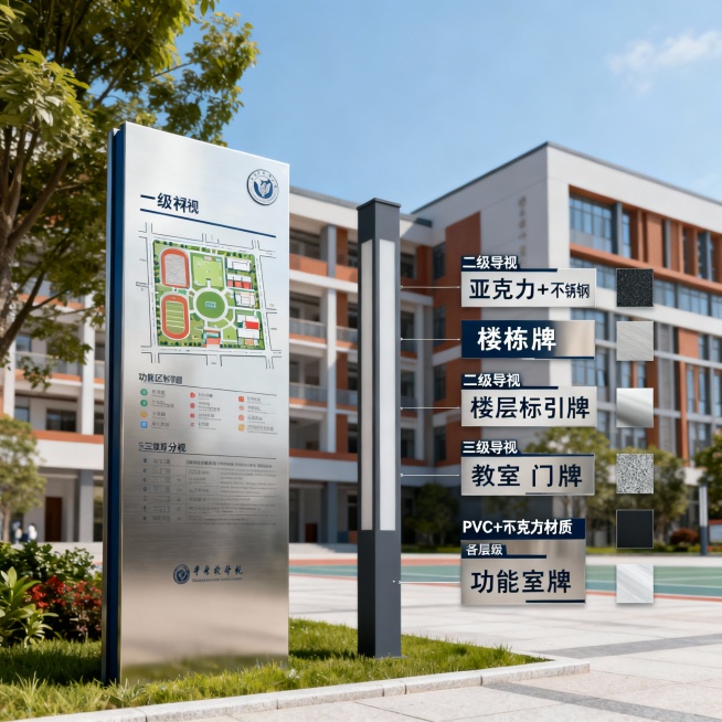 导视系统设计

一级导视：校园总平面图、功能区域分布（不锈钢材质）

二级导视：楼栋标识、楼层索引（亚克力+不锈钢）

三级导视：教室门牌、功能室标识（PVC+亚克力）

设计风格：简洁现代、耐用美观预览效果