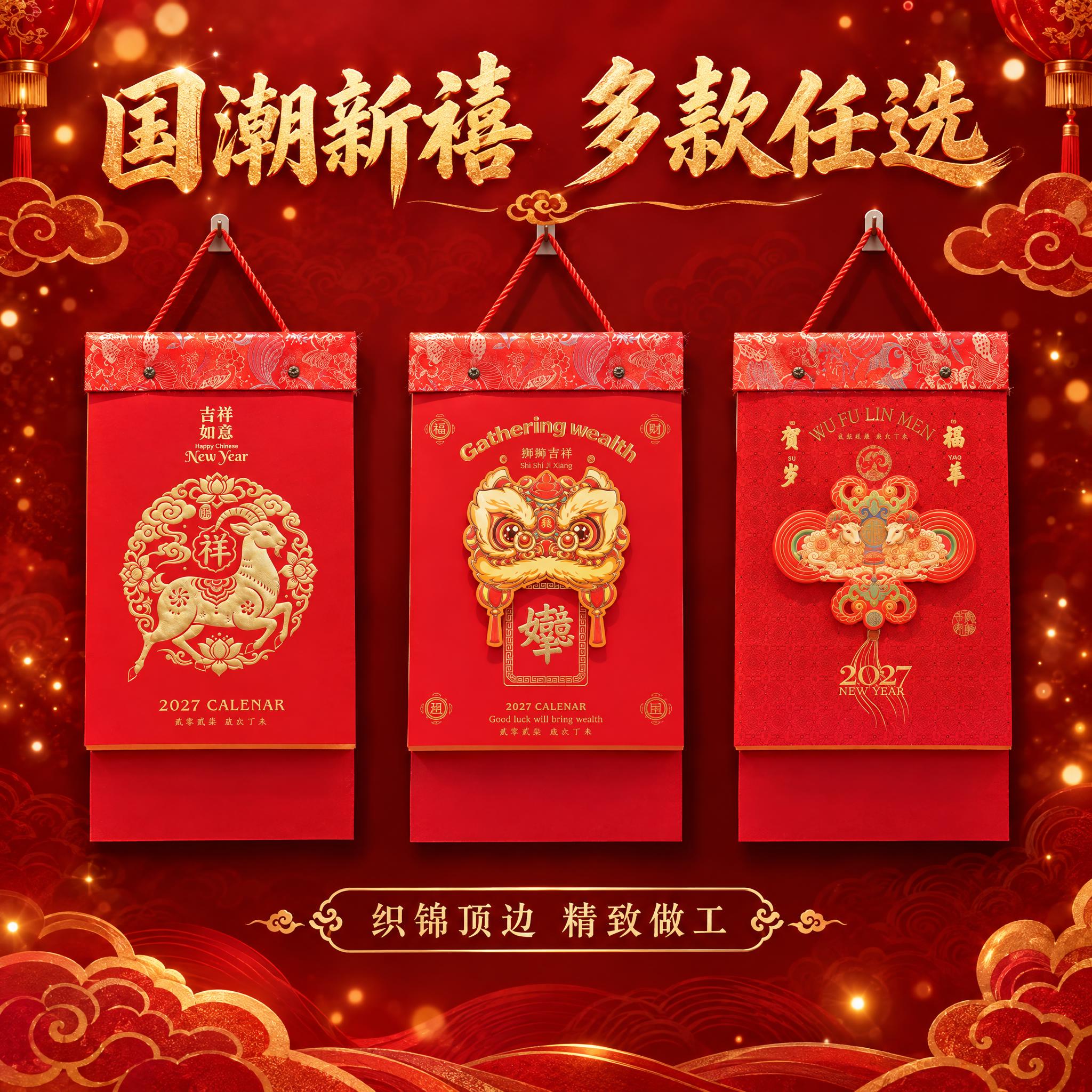 三款单层挂历组合展示，淘宝主图规格高清图。吉祥如意织锦款、狮狮… - 图片创意预览