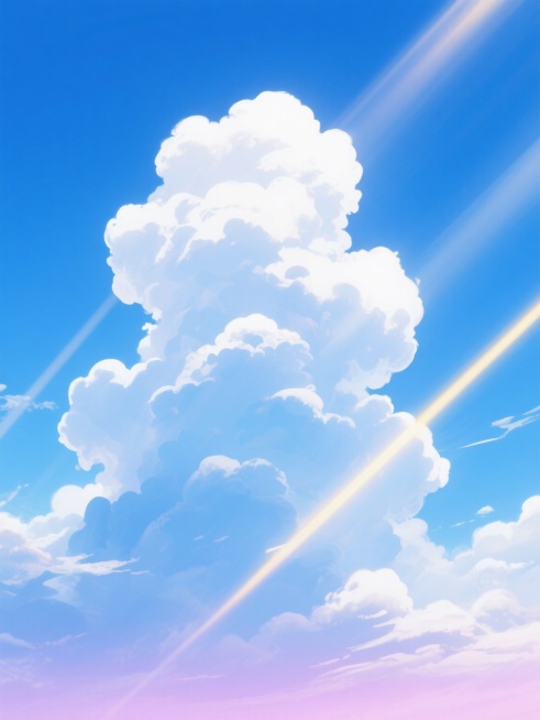动漫风格蓝天白云背景，画面70%以上由纯净的蓝色天空和蓬松的白色云朵构成，整体呈现明亮通透的氛围。天空从上到下由深邃的湛蓝渐变为柔和的浅蓝，阳光透过云层形成数道金色的光束斜射而下，照亮云层边缘。云朵形态饱满，层次丰富，底部边缘带有淡淡的粉紫色霞光，整体构图开阔舒展，色彩和谐统一，充满宁静而美好的感觉。预览效果