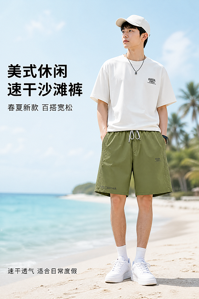 [第1屏] 详情页头图-军绿色速干五分沙滩裤新品宣传海报。
[氛围/风格] 日常松弛美式风，休闲沙滩氛围感，商业摄影质感，画面高级干净。
[元素布局] 军绿色速干五分沙滩裤作为主体偏右侧居中展示，亚洲年轻男生休闲上身穿搭，背景为虚化的沙滩海岸线，蓝天浅海搭配远处椰林，营造松弛度假氛围。保持军绿色速干五分裤的颜色、抽绳腰头、侧网透气设计、品牌logo细节与输入产品图完全一致，杜绝任何变形色差，商品主体占比约70%。整体无边框满铺。
[光影质感] 上午柔和自然光，主光从侧面照亮人物和裤子，面料反光自然，浅海蓝天形成漫反射补光，整体通透明亮，产品清晰真实。
[配色色系] 全局底色：#F2F7F9（浅蓝沙滩）；主体配色：#6B8E23（军绿裤子）；辅助色：#87CEEB（浅蓝海）+#FFFFFF（天空白）+#1E1E1E（文字黑）。
[视角构图] 正面平视视角，人物在画面偏右侧，左侧留白放标题文案，景深适中，背景虚化突出主体。
[文字版式] 左侧留白左对齐排版，主标题「美式休闲 速干沙滩裤」黑色粗体大号字，副标题「春夏新款 百搭宽松」小号字，底部小字「速干透气 适合日常度假」。文字不遮挡主体，排版清晰，字色对比强烈保证移动端可读。
[比例分辨率] 2:3 竖版比例，2k 分辨率，文字清晰可辨，超高清。
[负向提示词] 变形，水印，文字错乱，产品图模糊，背景杂乱