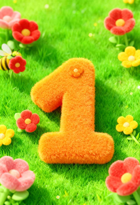 保留图中所有花朵，去掉铜钱、金币、绿色苹果、装金币的盒子、蜜蜂、春季购房节牌子，保持橙色毛绒数字1和绿色草地背景，保持C4D毛绒风格，整体构图和色调不变预览效果