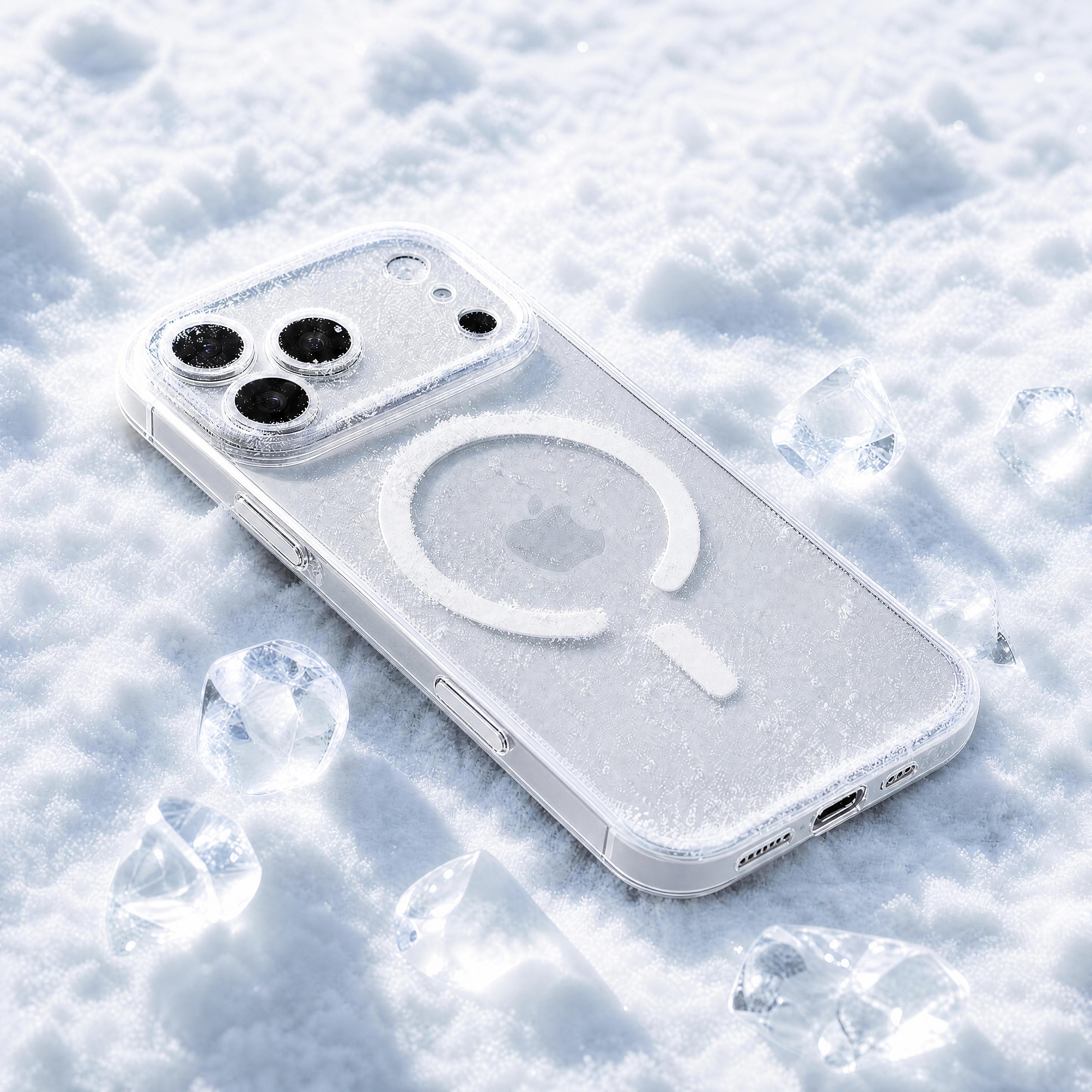 透明磁吸手机壳放置在雪地冰块场景中，手机壳表面有少量积雪和冰霜… - 图片创意预览