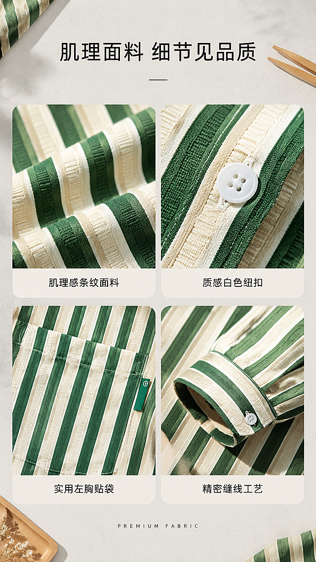 [第3张] 详情页面料与细节-绿白竖条纹长袖衬衫面料与细节特写。本张使用【图1】作为商品主体。
[氛围/风格] 精致清新质感，微距细节摄影风，品质工艺氛围，清新治愈感。
[元素布局] 采用2×2宫格布局展示四个细节特写：左上为条纹面料微距（展示肌理感条纹纹理与柔软质感），右上为白色纽扣特写（展示纽扣质感与光泽），左下为左胸贴袋特写（展示口袋缝线与小标细节），右下为卷边袖口工艺特写；背景为浅灰色台面+木质镊子+暖光道具；保持面料颜色、条纹质感与输入图一致。
[光影质感] 侧上方暖光打亮条纹肌理，突出面料层次和纽扣质感，每个宫格内有自然阴影，质感真实细腻。
[配色色系] 全局底色 #E5E5E5 浅灰色；主色绿白竖条纹面料；辅助色白色纽扣、木质工具；点缀色暖光高光。
[视角构图] 四宫格对称布局，顶部标题区，每格下方配短标签，阅读动线清晰。
[文字版式] 版式为顶部大标题+四宫格细节图+每图下方标签。主标题「肌理面料 细节见品质」，细黑体大字居中；每格下方小字标签：「肌理感条纹面料」「质感白色纽扣」「实用左胸贴袋」「精密缝线工艺」；底部一行小字英文「PREMIUM FABRIC」。
[比例分辨率] 9:16 竖版比例，2K分辨率，文字清晰可辨，高清画质。
[负向提示词] 面料失真，颜色偏差，水印，文字错乱，面料纹理不清。
