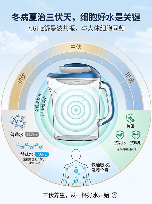 根据提供的活水仪产品图设计三伏养生海报，采用"天人合一"圆形构图，产品位于黄金分割点。背景分层：远景层为淡蓝色天空渐变，点缀白云，还有隐约可见的三伏日历圆盘带初伏/中伏/末伏刻度；中景层核心视觉为活水仪产品居中放置，壶身透明可见内部，从产品中心向外放射半透明蓝绿色7.6Hz同心圆波纹，波纹上标注"舒曼波频率"字样；近景层功能展示：左侧区域是水分子结构对比图，普通水为聚合型结构灰色标注"117Hz"，赫兹水为直链型结构蓝色高亮标注"7.6Hz"，小字说明"氢键角度114.5°，能量更高"；右侧区域是简洁扁平化三抗图标组：抗菌、抗氧化、抗辐射，下方小字"经权威检测认证"；底部区域是人体轮廓简图，内部标注水分子流动路径，文字"快速吸收，滋养全身"；文案区主标题："冬病夏治三伏天，细胞好水是关键"深蓝粗体，副标题："7.6Hz舒曼波共振，与人体细胞同频"灰色，行动号召："三伏养生，从一杯好水开始"加箭头图标；色彩：科技蓝主色+生命绿细胞+纯净白背景+金色三伏标识