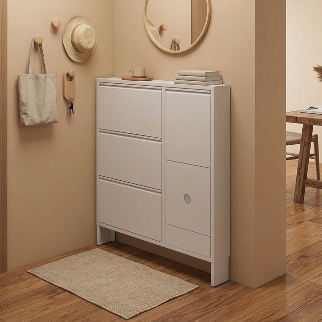 保持图中的浅灰色超薄翻斗鞋柜不变，更换为原木风入户玄关场景，墙面为浅奶咖色，地面为原木地板，搭配原木挂钩和亚麻地垫，自然清新，温暖舒适，商品展示清晰预览效果