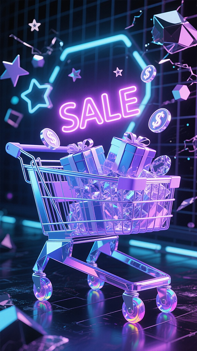 一个蓝紫色渐变金属质感的购物车，车身有几何切割棱角，车轮是透明亚克力材质带彩色光晕，车内装满透明水晶礼盒、发光霓虹色“SALE”标牌和漂浮的全息货币符号，背景是赛博朋克风格的霓虹网格，点缀着破碎的几何星星和六边形光斑，整体呈现未来科技感的电商促销氛围，高对比度光影，光滑反光材质，立体感强。