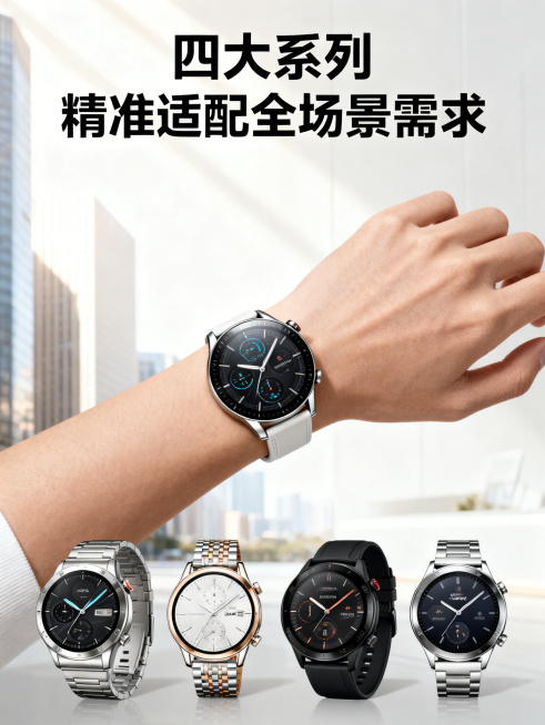 华为智能手表佩戴场景营销海报，模特手腕佩戴华为智能手表展示四大系列产品，自然佩戴场景，整体风格时尚科技，突出产品质感，吸引消费者，海报带有文案"四大系列 精准适配全场景需求"预览效果