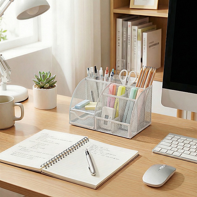 把第一个场景中的蓝色七格笔筒改为现在这个白色