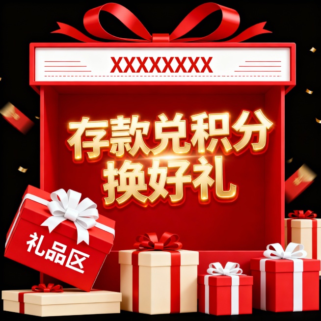 背景：纯黑色底色
顶部元素：红色边框的礼物盒开口造型，搭配红色流线型蝴蝶结装饰，开口区域内加横线装饰，中间预留 “XXXXXXX” 红色文字占位符
中间主区域：红色背景板块（模拟礼物盒内页），用金色字预览效果