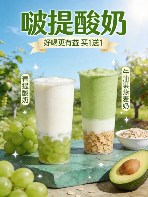 清新治愈风饮品促销海报。主体为两款分层酸奶饮品：左侧是青提酸奶，上层奶白色酸奶，下层青提果肉；右侧是牛油果燕麦奶，上层牛油果绿色奶昔，下层燕麦脆，两款饮品放置在青石板台面上。周围环绕新鲜青提、半颗牛油预览效果